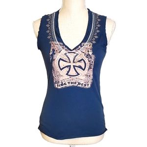 POUT | Women's blue with pink cross graphic v-neck tanktop. Size M